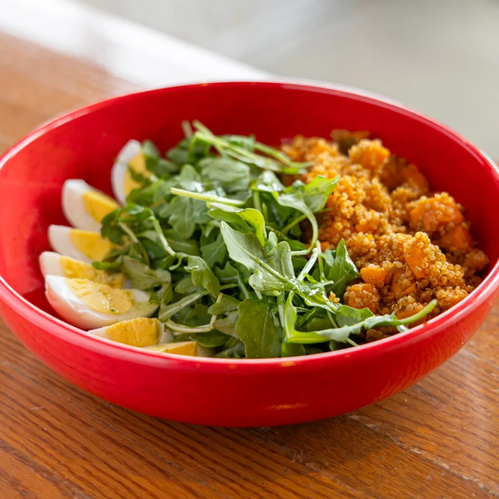 A hearty breakfast bowl that will start your say off right. Fresh arugula, quinoa and sweet potatoes, and hard boiled eggs. Visit today and experience the Best Breakfast and Lunch in Annapolis.