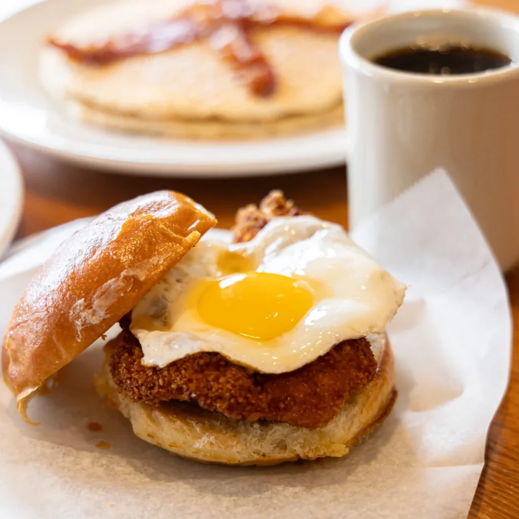 The Chicken and The Egg breakfast sandwich is a homestyle meal with a fried chicken base and egg sunny side up. Pair that with a hot cup of Ceremony coffee to experience why we are the Best Breakfast and Lunch in Annapolis.