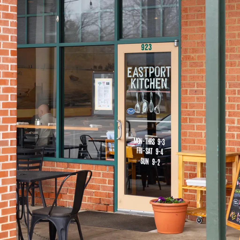 Our bright windows and glass door list the Eastport Kitchen hours of operation so you always know when to enjoy the best breakfast and lunch in Annapolis
